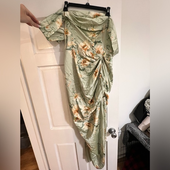 Sage Green Satin Flora Draped Midi PLT Dress - Picture 1 of 4